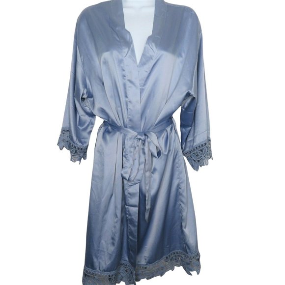 Vintage Blue Satin Dressing Bath Robe One Size Wide Lace Trim Knee Length Belted - Picture 1 of 12